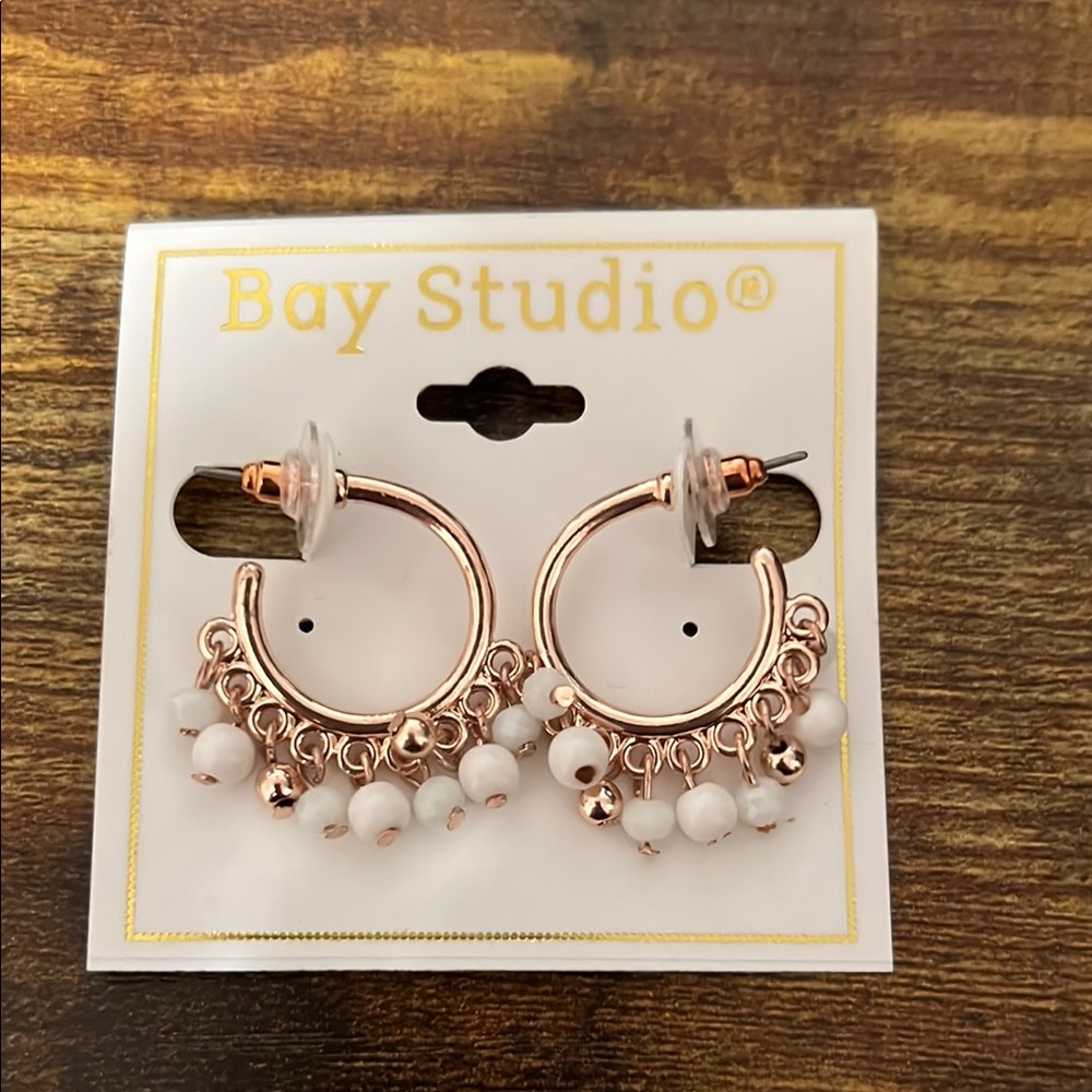 Bay Studio Rose Gold Hoop Earrings with White Beads